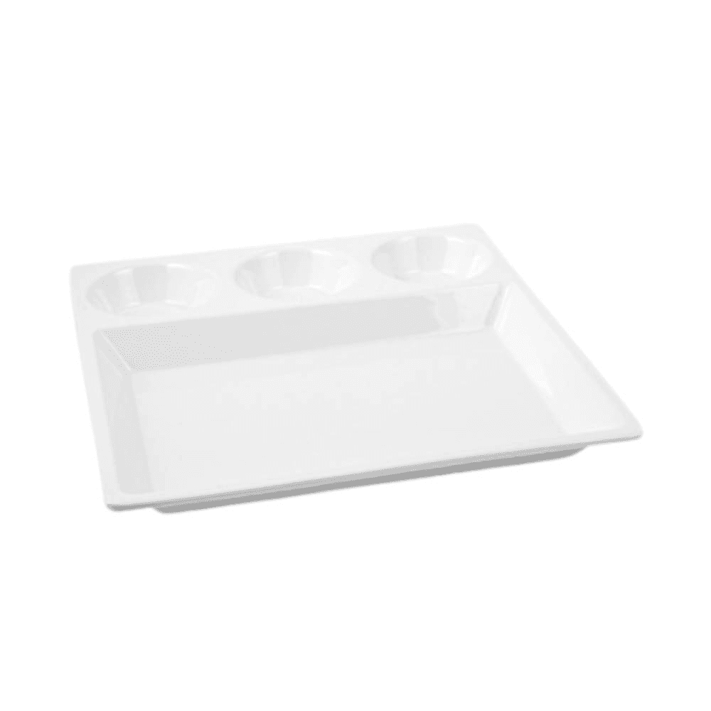 Vague Melamine Square Divided Platter With 3 Round Sauce Compartment 29.5x3cm - Ivory 36-469