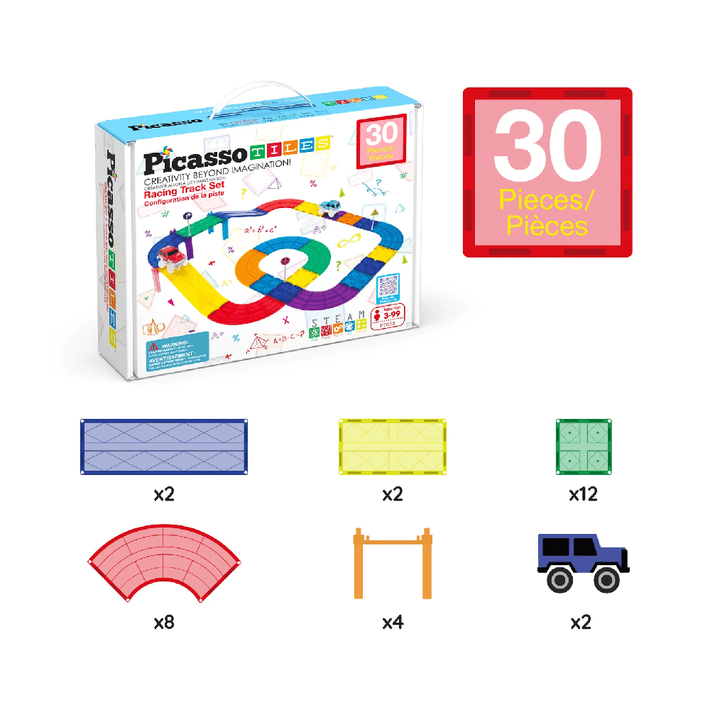Picasso Tiles Race Car Track Magnetic Building Blocks Set With 2 Toy Cars 30Pcs