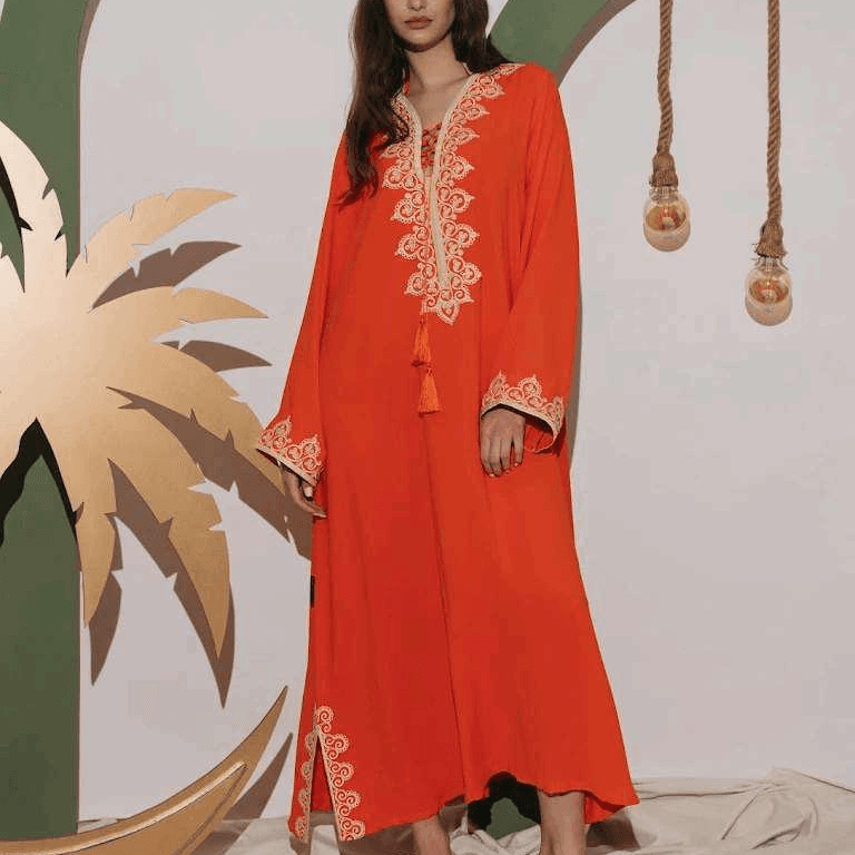 Orange Abaya With Embroidered Detailing