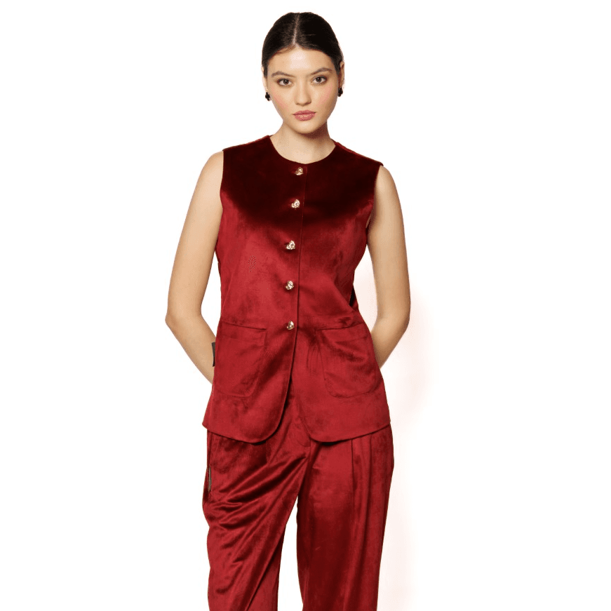 Red Velvet Waistcoat And Pant Set With Pockets