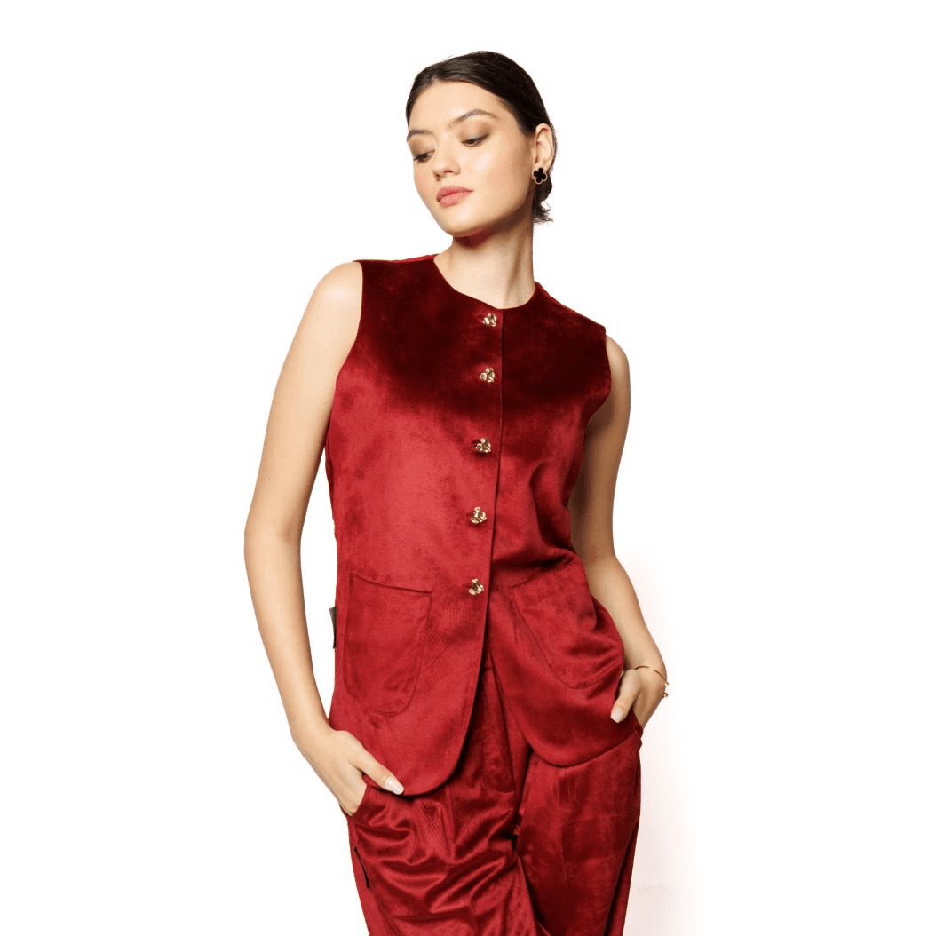 Red Velvet Waistcoat And Pant Set With Pockets