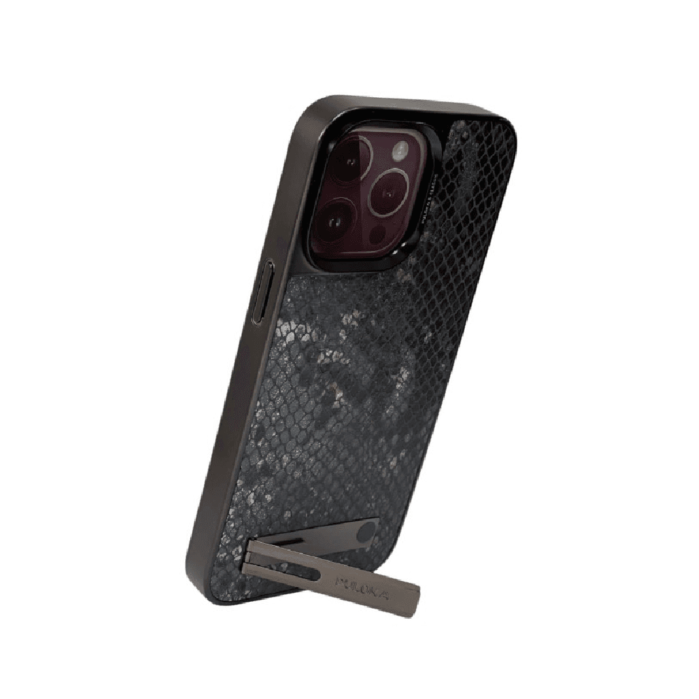 Cover IPhone 15 pro puloka original luxury & classic  with stand hand made boutiques colour black snake