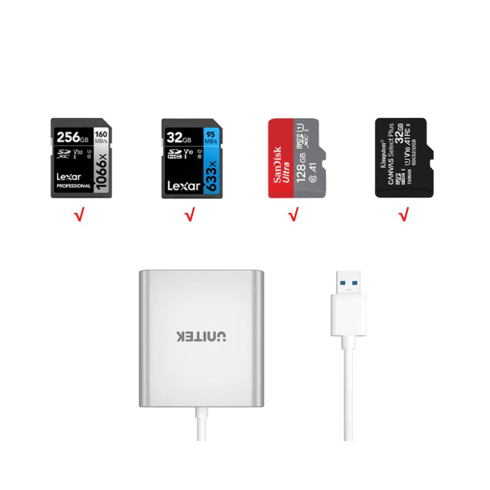 قارئ بطاقات الذاكرة USB 3.0 ثلاثي المنافذ