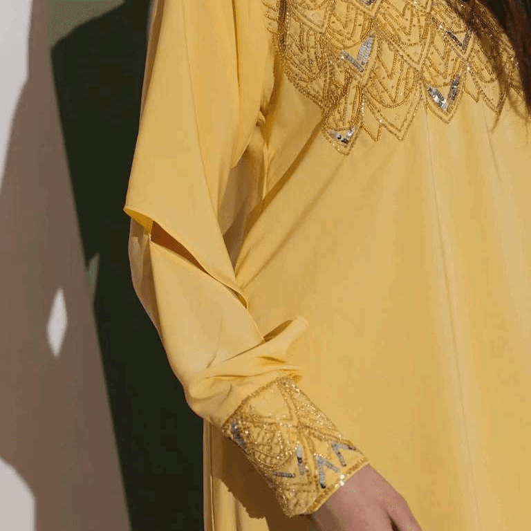 Pastel Yellow Jalabiya With Embroidered Detailing