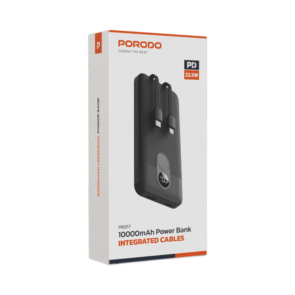 Porodo Power Bank 2x Type-C, 10000mAh, 2.4A Lightning, 22.5W USB-A Output, PD 20W, Digital Display, Simultaneous Charging - Black