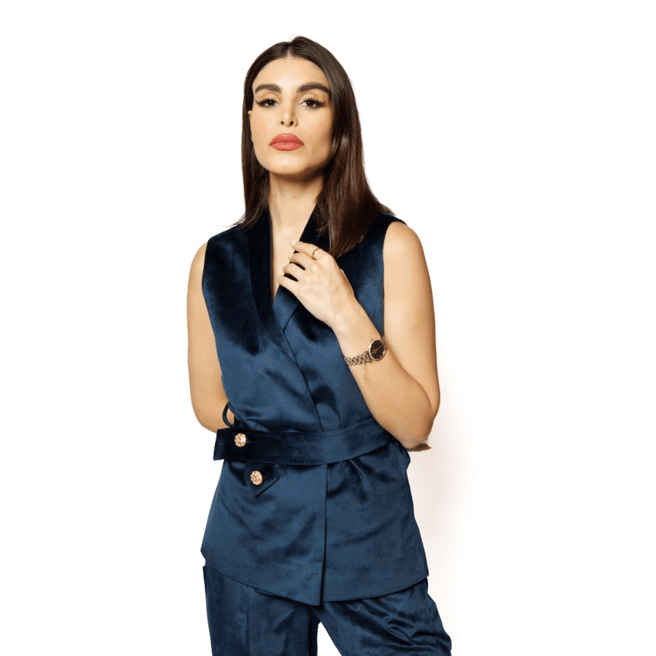 Blue Velvet Waistcoat And Pant Set With Belt