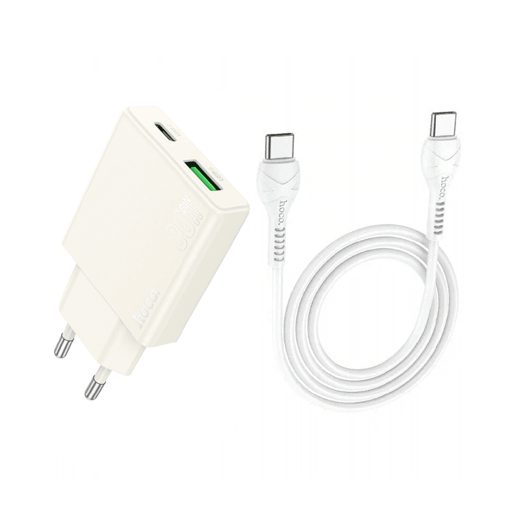 Hoco N45 Dual Port Wall Charger with USB-C Cable - Moonlight white