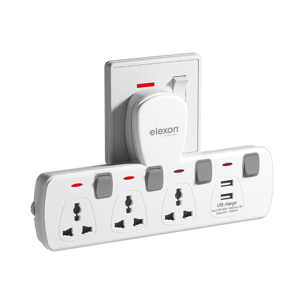 Elexon El 7304U,T Socket Universal Extension Power Adapter With 2 Usb, 3 Pin Electric Sockets .2 Years Warranty