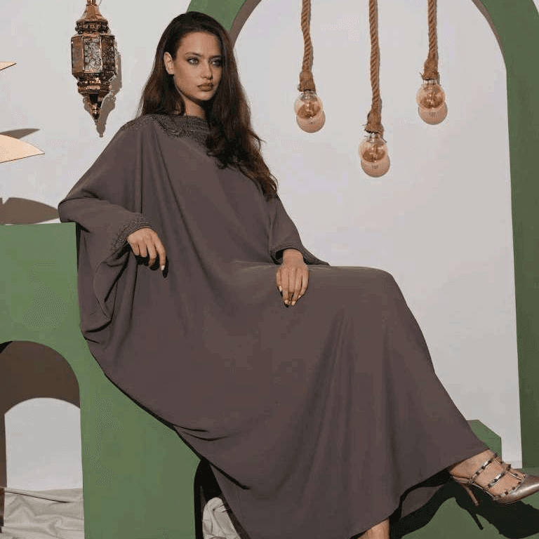 Ash Grey Batwing Style Abaya With Embroidered Detailing