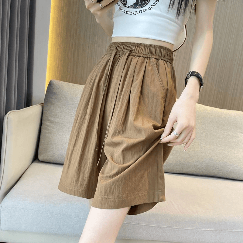 Pleated Solid Color Shorts – Women’S Loose Fit Five-Quarter Length Pants With Elastic Waist 2407