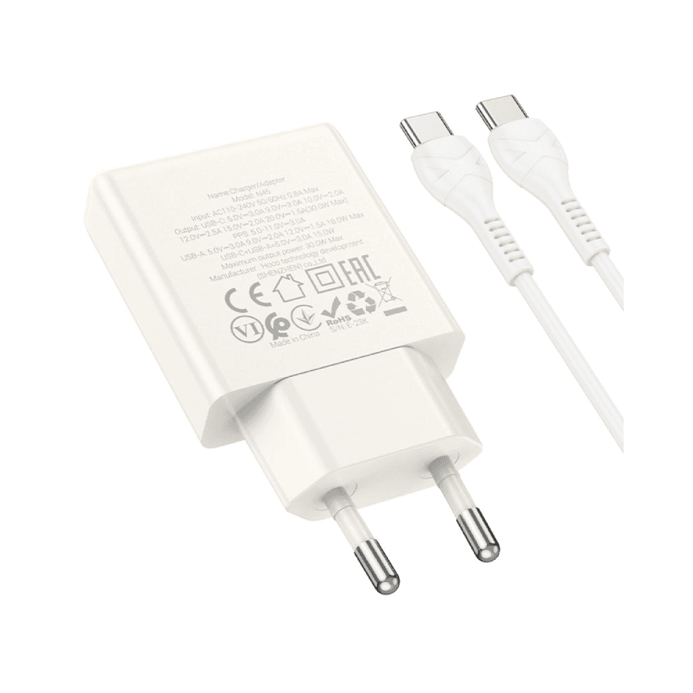 Hoco N45 Dual Port Wall Charger with USB-C Cable - Moonlight white