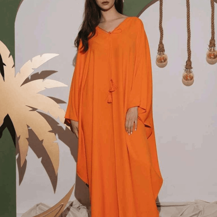 Orange Batwing Style Abaya With Tassel Detailing