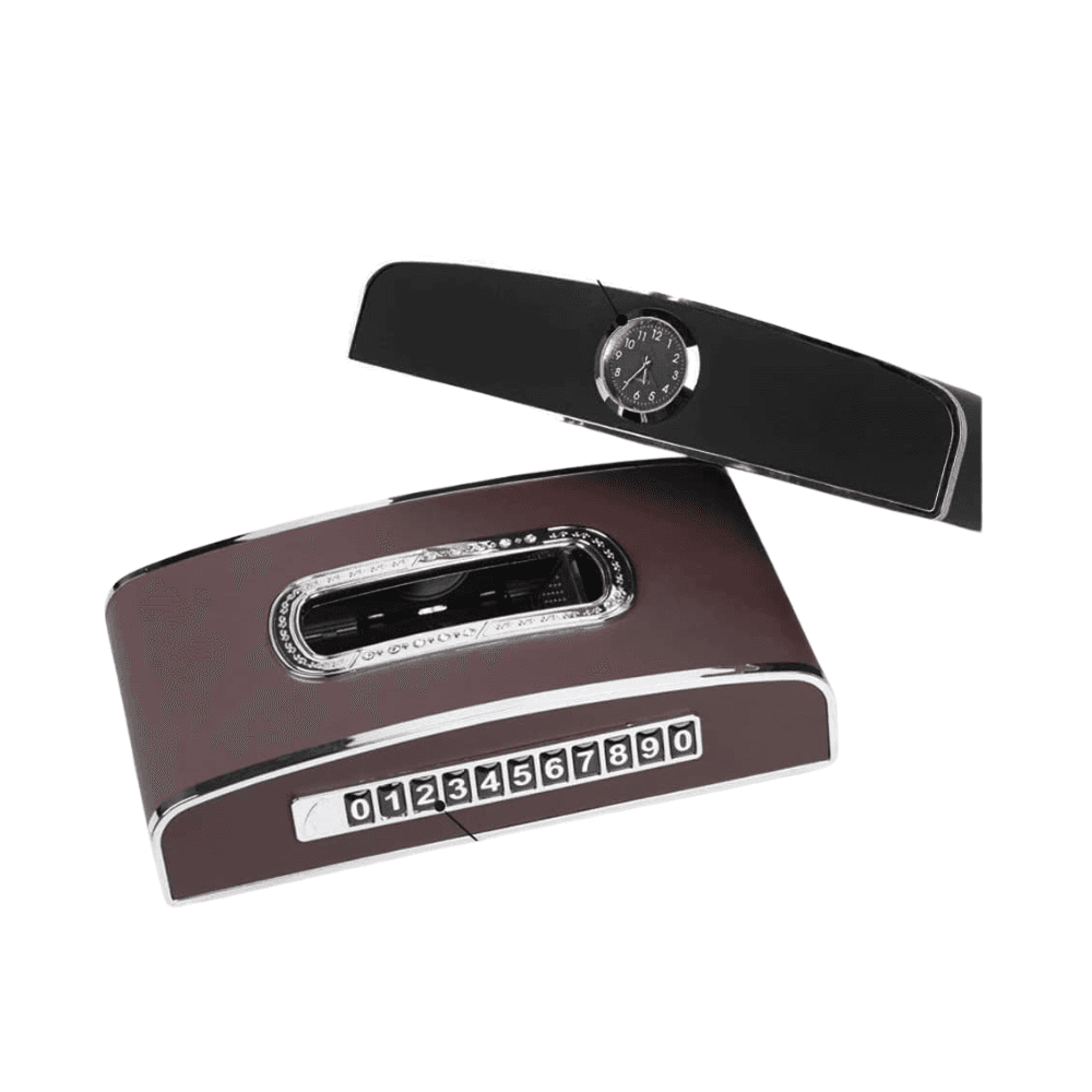 Car Tissue Box Decoration Tissue Napkin & Tissue Holder with Quartz Clock Parking Phone Number Tissue Box Cover Best Car Accessories