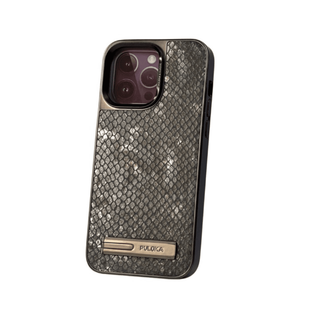 Cover IPhone 15 pro puloka original luxury & classic  with stand hand made boutiques colour black snake