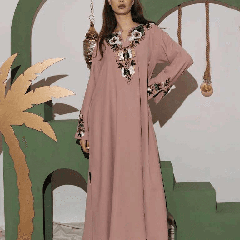 Dusty Pink Abaya With Embroidered Detailing