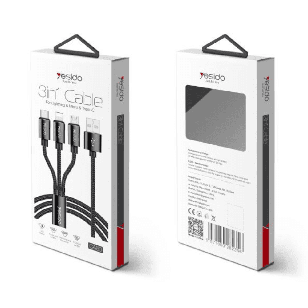 Yesido - 3-in-1 Cable - Micro Usb / Lightning / Usb-c / Black (Ca60)