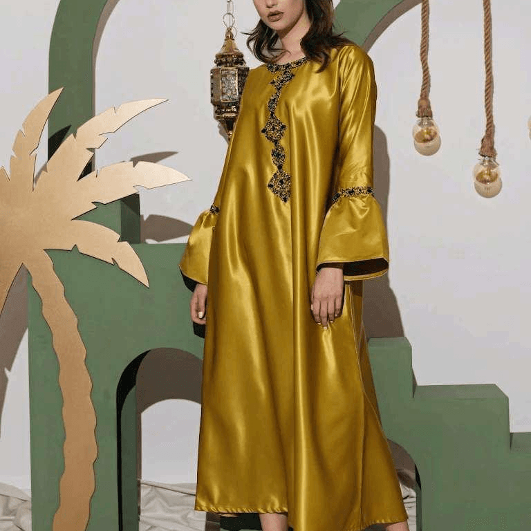 Mustard Yellow Satin Jalabiya With Embellishments