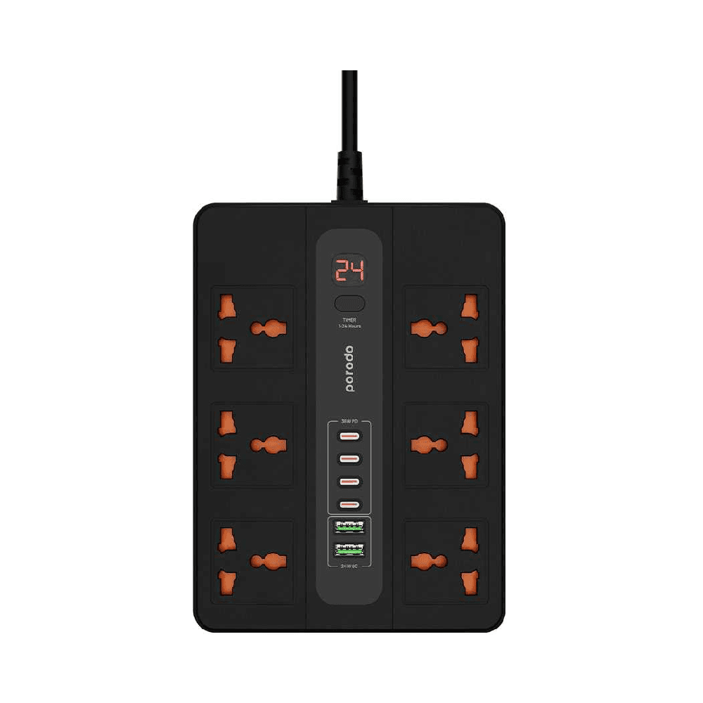 Porodo 6 AC 2 USB-A 24W & 4 USB-C PD 36W Multi-Port Super Hub 3M 3000W UK - Black