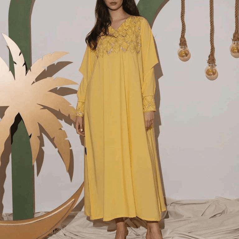 Pastel Yellow Jalabiya With Embroidered Detailing