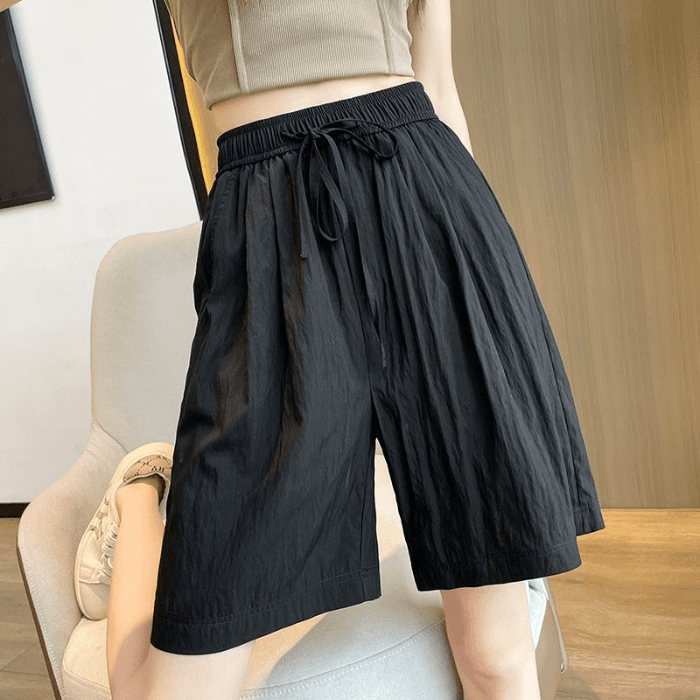 Pleated Solid Color Shorts – Women’S Loose Fit Five-Quarter Length Pants With Elastic Waist 2407