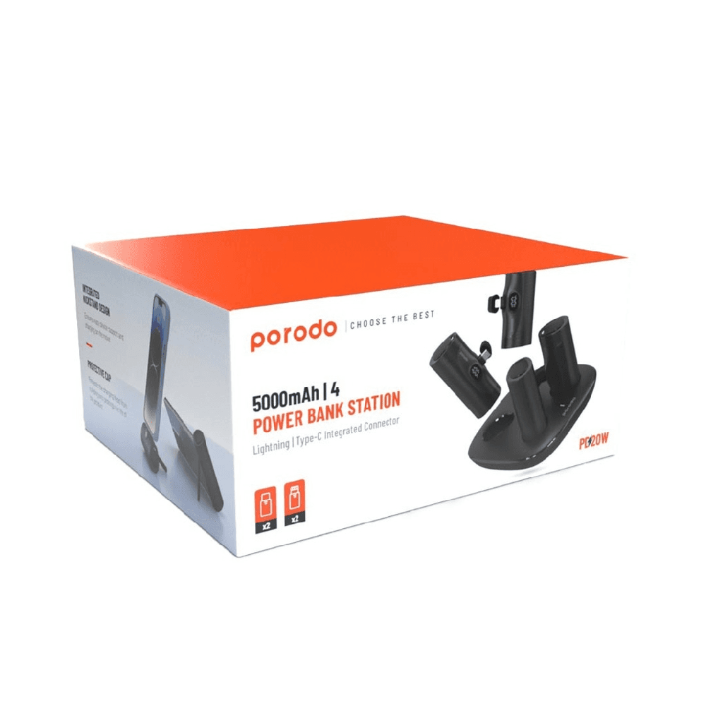 porodo 4 in 1 station 5000mah PD20W POWER BANK WITH 2 TYPE-C CONNECTOR AND 2 LIGHTNING CONNECTOR BLACK