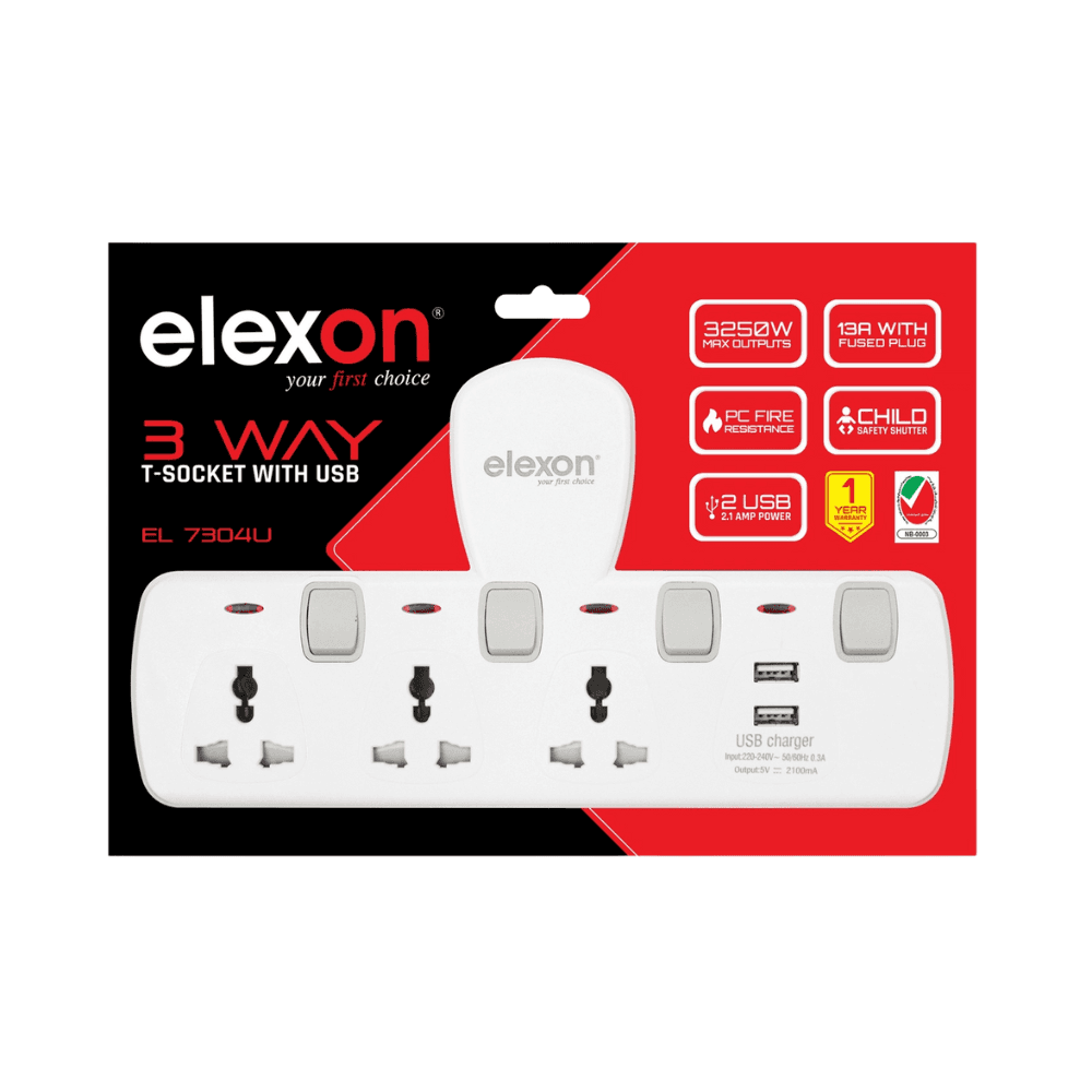 Elexon El 7304U,T Socket Universal Extension Power Adapter With 2 Usb, 3 Pin Electric Sockets .2 Years Warranty