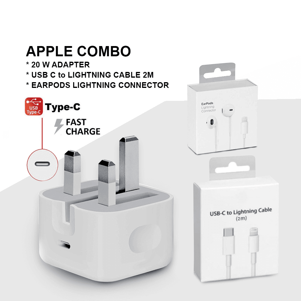 Apple Combo Original 20W Usb C Power Adapter With Iphone Usb C To Lightning 2M And Apple Earpods With Lightning Connector