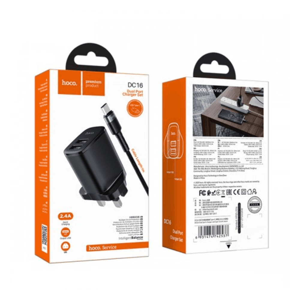 Hoco DC16 Dual Port Mobile Phone Charger Set (Type-C)