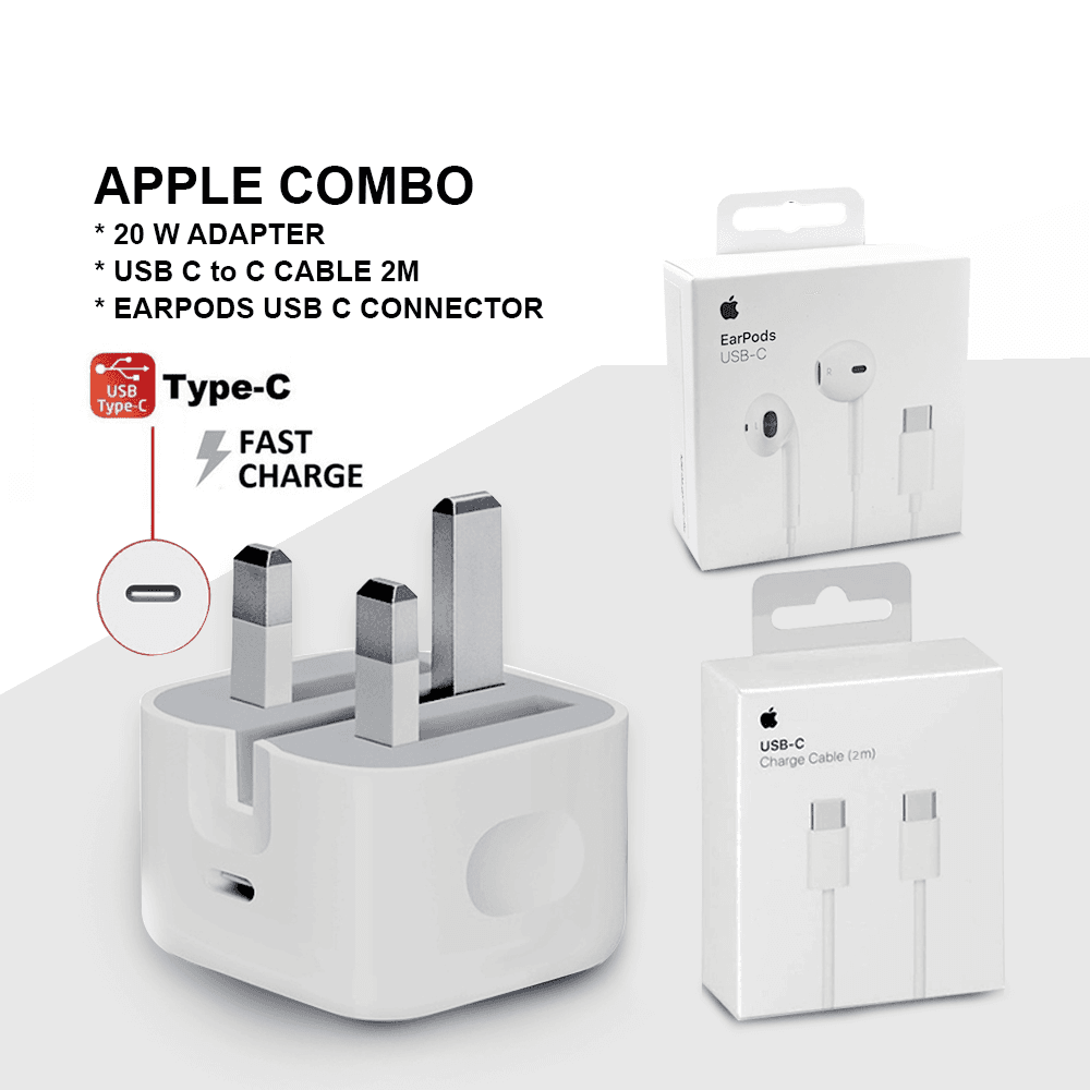 Apple Combo Original 20W Usb C Power Adapter With Iphone Usb C To Usb C 2M And Apple Earpods With Type C Connector
