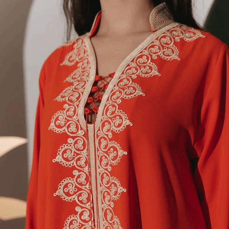Orange Abaya With Embroidered Detailing
