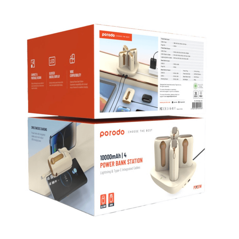 PORODO 4 IN 1 STATION 10000MAH PD20W POWER BANK WITH INBUILT CABLE TYPE-C AND LIGHTNING  GOLD