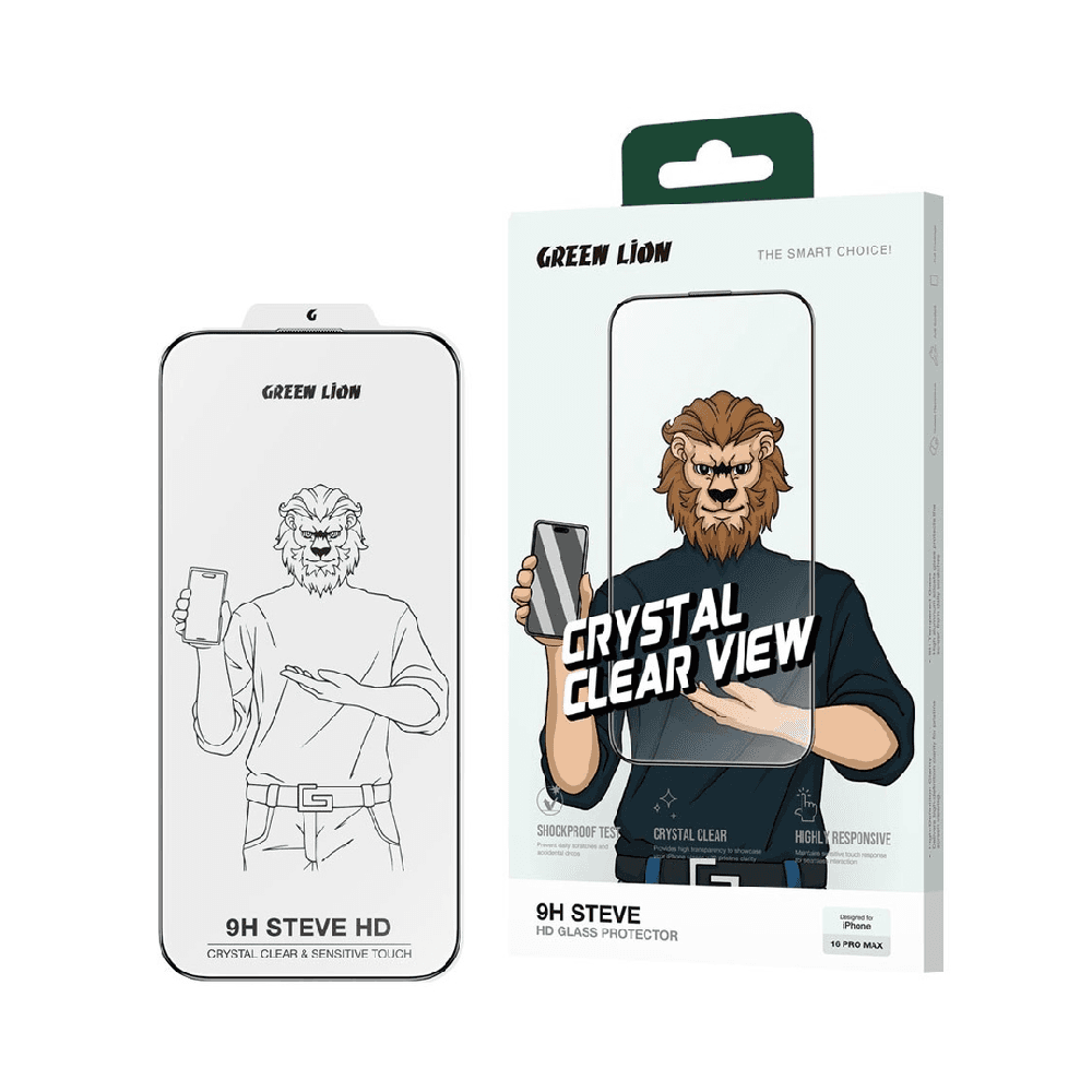 Green Lion 9H Steve HD Glass Protector For iPhone 16 Pro, Bubble Free, Highly Responsive, Anti Fingerprint, Anti Scratch - Clear
