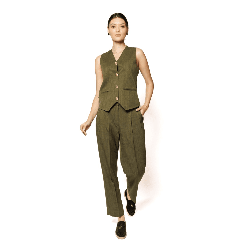 Olive Wasitcoat And Pleated Trouser Set