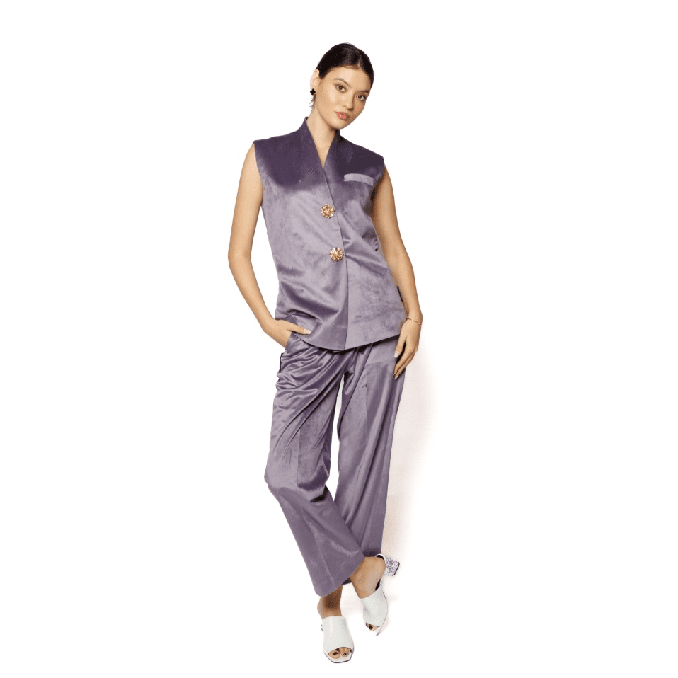 Purple Velvet Waistcoat And Pant Set