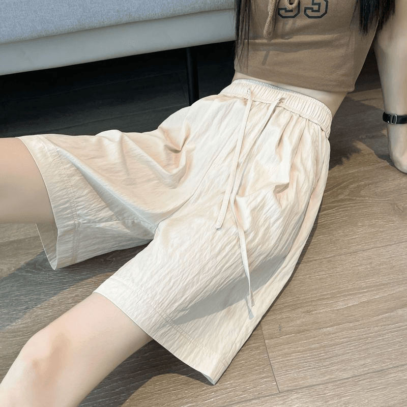 Pleated Solid Color Shorts – Women’S Loose Fit Five-Quarter Length Pants With Elastic Waist 2407