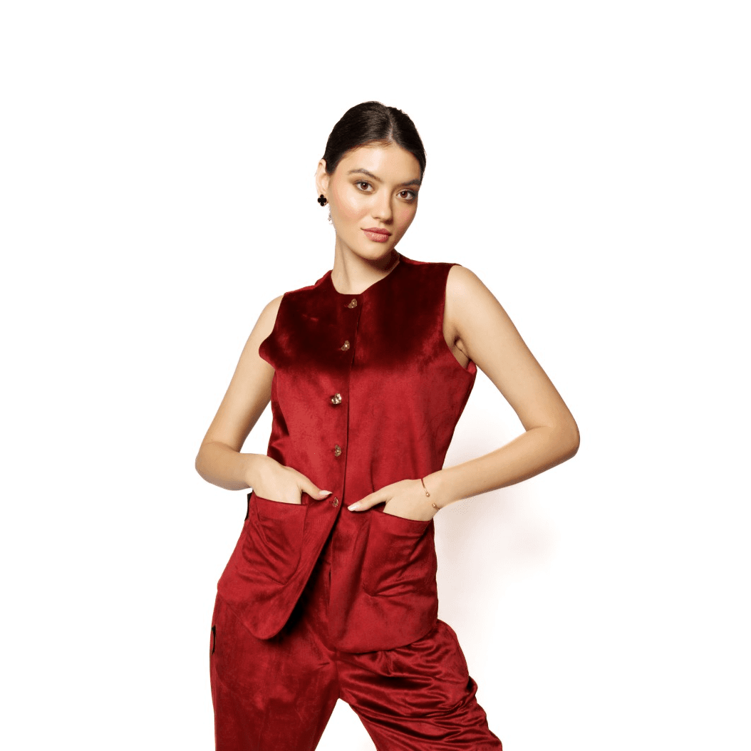 Red Velvet Waistcoat And Pant Set With Pockets
