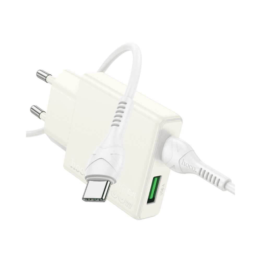 Hoco N45 Dual Port Wall Charger with USB-C Cable - Moonlight white