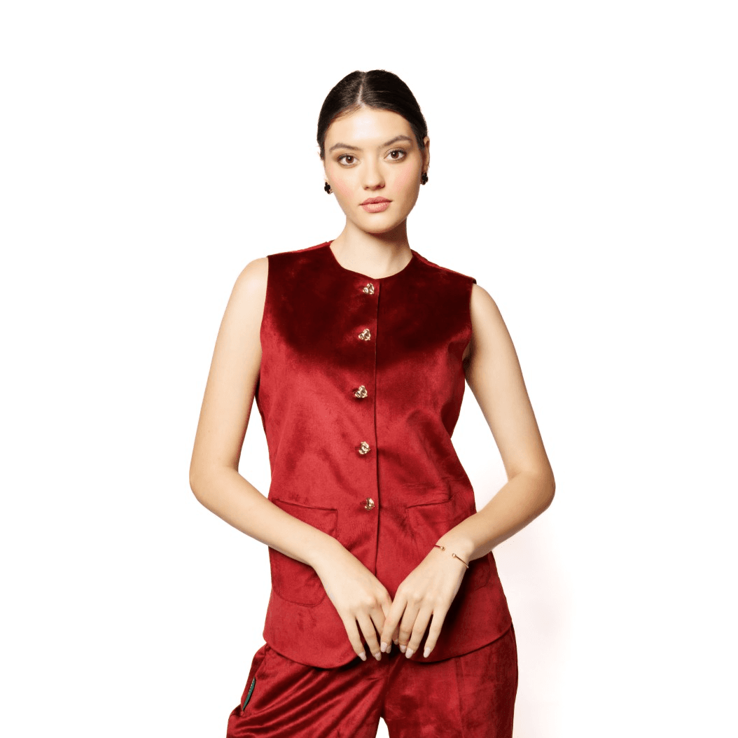 Red Velvet Waistcoat And Pant Set With Pockets