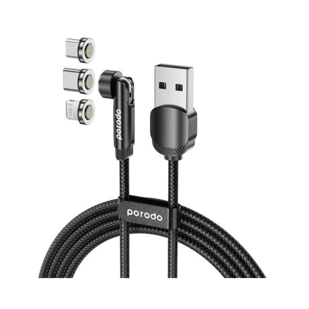 ""Porodo 3in1 Rotating Connector Braided Magnetic Cable  (Lightning/Type-C/Micro USB) 1m Grey"