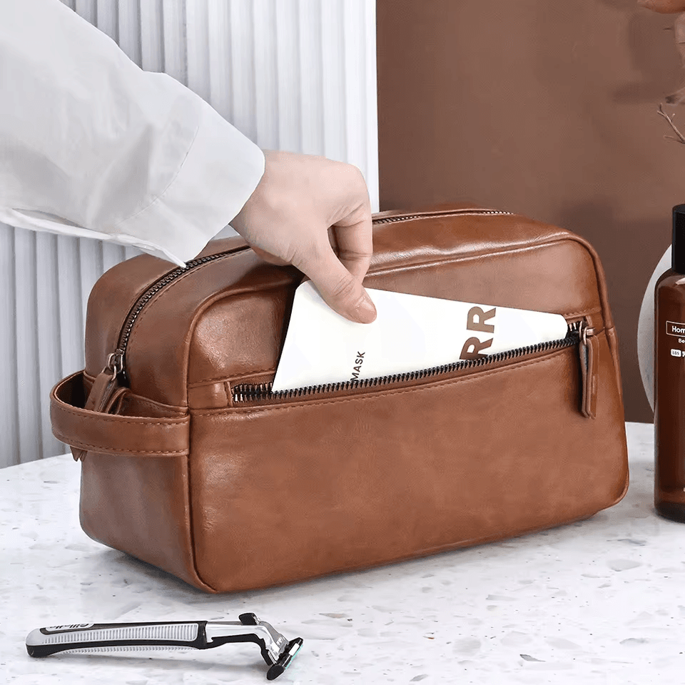 حقيبة مستحضرات تجميل رجالية بأسلوب بريطاني - بني سميك