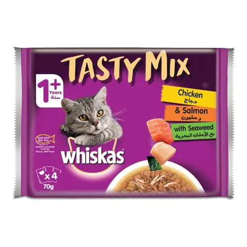 Whiskas Tasty Mix Chicken & Salmon with Seaweed Wet Cat Food in Gravy For Adult Cats Aged 1+ Years 4x70 g