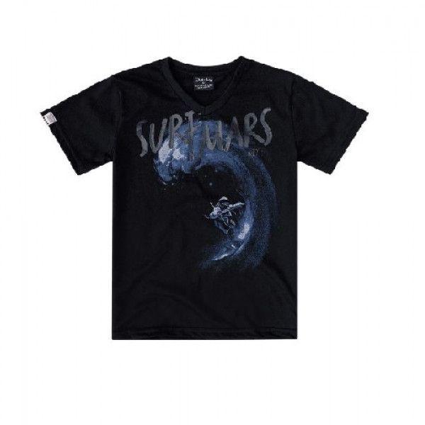 Black T-Shirt With Surfer Design For Boys