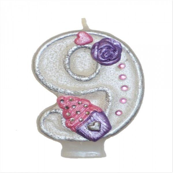 Purple Cupcake And Flower Number Candle - 9