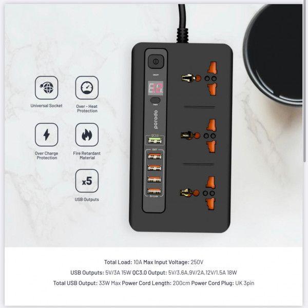 Porodo 5 USB Port 3.4A - with 3 Universal Power Sockets 10A