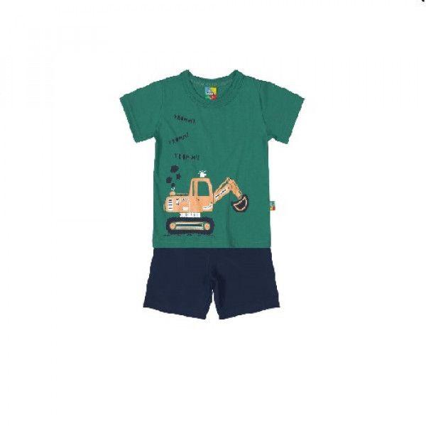 Green T-Shirt With Tractor Car Design And Short For Boys