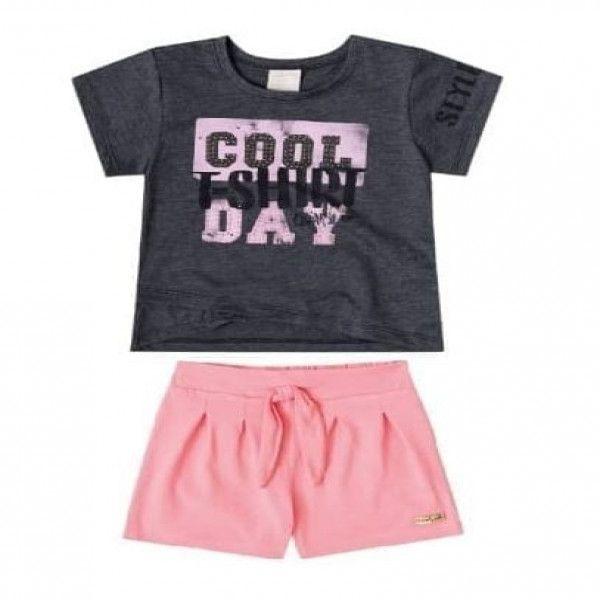 Statement T-Shirt Gray With Pink Short Set For Girls