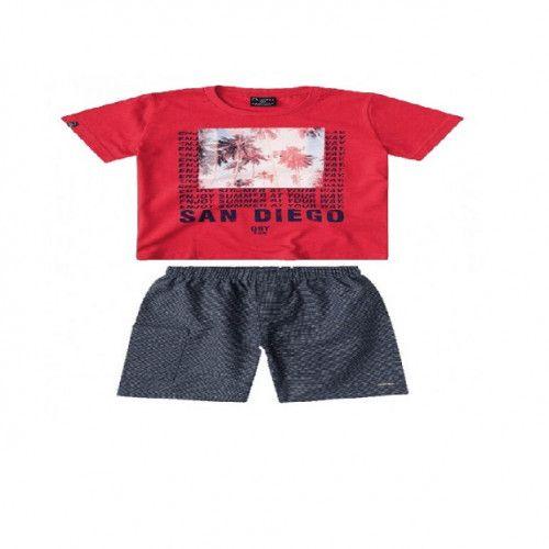 Summer Red Shirt Tops With Black Short Set Clothes For Boys