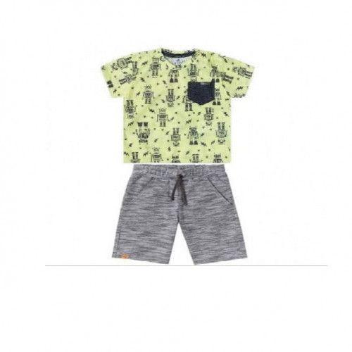 T- Shirt With Robot Design And Gray Short For Boys