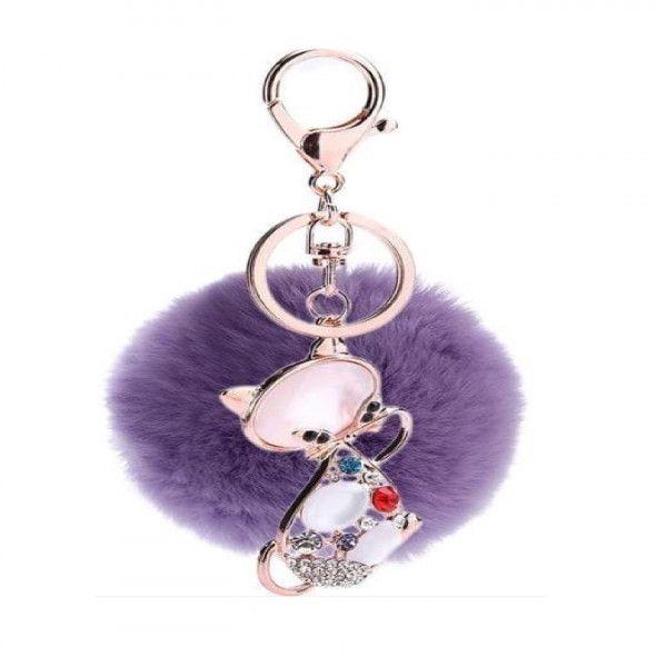 Cat Pompom Keychain Ring (Purple)