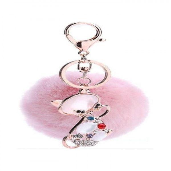 Cat Pompom Keychain Ring Light Pink